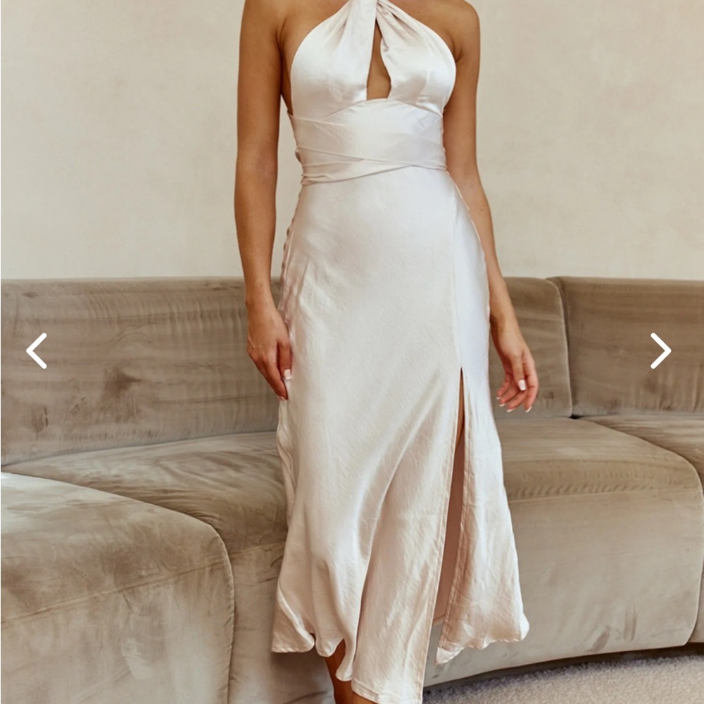 Champagne satin halter neck dress